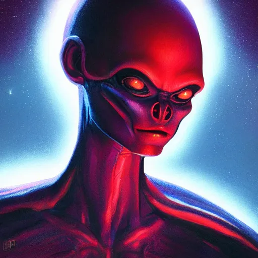 Prompt: Bright, colorful, realistic space-opera alien rpg single individual headshot dramatic backlighting, kodachrome, high contrast, highly detailed, sharp focus, digital painting, concept art, illustration, trending on artstation, comic book by Alex Ross cover art