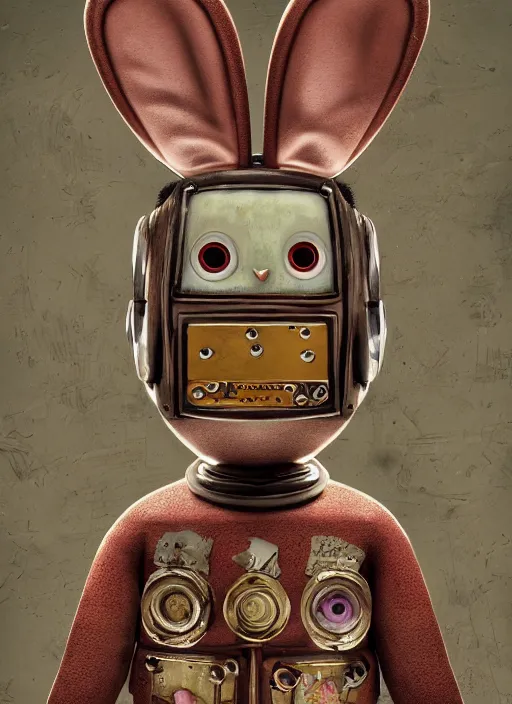 Image similar to closeup portrait of tin toy robot bunny trap, depth of field, zeiss lens, detailed, symmetrical, centered, fashion photoshoot, by nicoletta ceccoli, mark ryden, lostfish, breathtaking, 8 k resolution, extremely detailed, beautiful, establishing shot, artistic, hyperrealistic, octane render