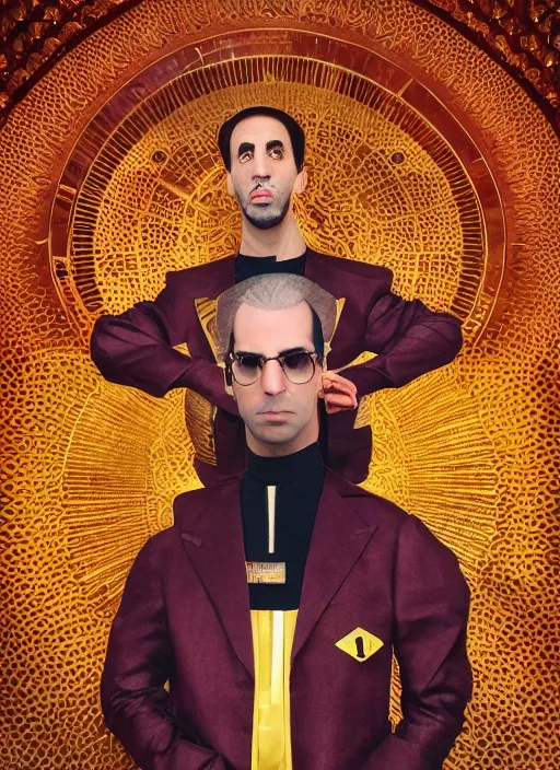 Image similar to ali g posing trumphantly in a futuristic jumpsuit, sacha baron cohen, the expanse, sci fi, futuristic, detailed illustration, digital art, trending on artstation, soft ambient lighting, volumetric lighting, rim lighting, yoshitaka amano, alphonse mucha, arney freytag, maxfield parrish, new art nouveau