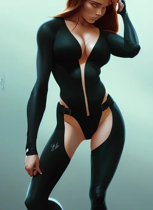 Prompt: kim possible in a black swimsuit, intricate, elegant, highly detailed, digital painting, artstation, concept art, smooth, sharp focus, illustration, art by artgerm and greg rutkowski, 8 k