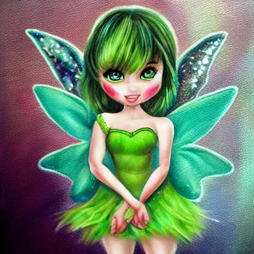 Image similar to chibi Tinkerbell in short green dress with tattered hem, thick heavy eye makeup, bare feet, hungover, coffee cup, lifelike detailed oil painting by Jasmine Becket