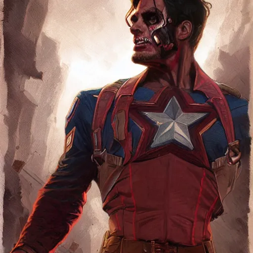 Image similar to capitan america as a zombie, by greg rutkowski, mucha, artgerm,