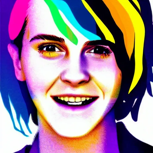 Image similar to rainbow smiling happy emma watson age 1 7 as hermione. pop art.