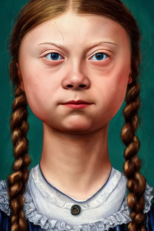 Prompt: greta thunberg as a cute Lucas Cranach the Elder Oil Painting, head and shoulders, epic, vivid colors, high details, cinematic, 8k resolution, beautiful detailed, photorealistic, digital painting, artstation, concept art, smooth, sharp focus, illustration, fantasy background, artstation trending, octane render, unreal engine