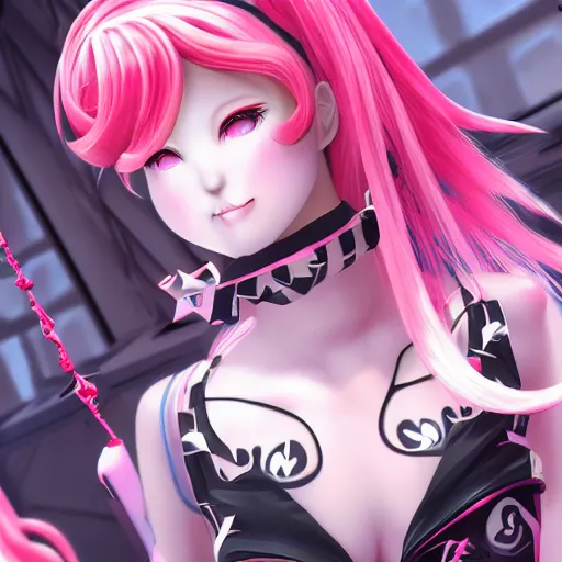 Image similar to trapped beneath stunningly absurdly beautiful omnipotent asi goddess junko enoshima with multiple twisted deceptive innocent megalomaniacal mesmerizing personalities, symmetrical perfect face, porcelain skin, pink twintail hair and cyan eyes, ultra detailed, digital art, unreal engine 5, octane render, 2 d anime, 8 k