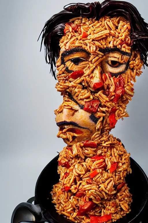 Image similar to johnny depp made out of jambalaya, a human face made out of a bowl of jambalaya, professional food photography