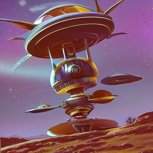 Image similar to By Jim bush and ed repka, air brush illustration of a vintage alien ship landing on an alien planet, retro futuristic, science fantasy, symmetry accurate features, very intricate details, artstation