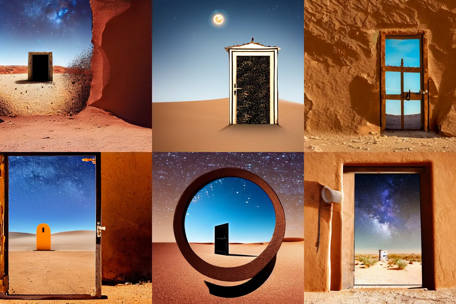 Prompt: surrealist open doorway with milky way inside, in middle of the desert during sunny day