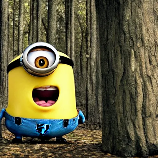 Prompt: a still of a minion in the blair witch project, hyper realistic