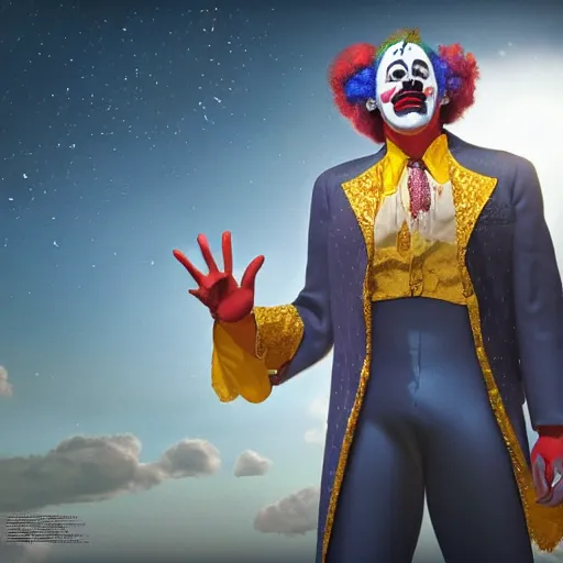 Prompt: the image of clownvis presley with outstretched arms between the moon and the sun and a thousand stars ultra realistic, concept art, intricate details, serious, highly detailed, photorealistic, octane render, 8 k, unreal engine, art by todd mcfarlane and artgerm and greg rutkowski and alphonse mucha