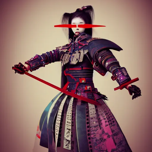 Prompt: photorealistic portrait of a beautiful, female samurai warrior, holding sword in right hand, fighting body position, goth punk, vibrant yellow, red, blue, colors, surreal, a french baroque by by alexander mcqueen, octane render, hyper detailed, cinematic lighting