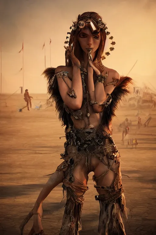 Image similar to a centered photo of a post apocalyptic supermodel goddess at burning man festival playa, powerful, cinematic, beautifully lit, by artgerm, by karol bak, 3 d, perfect face and body, trending on artstation, octane render, 8 k