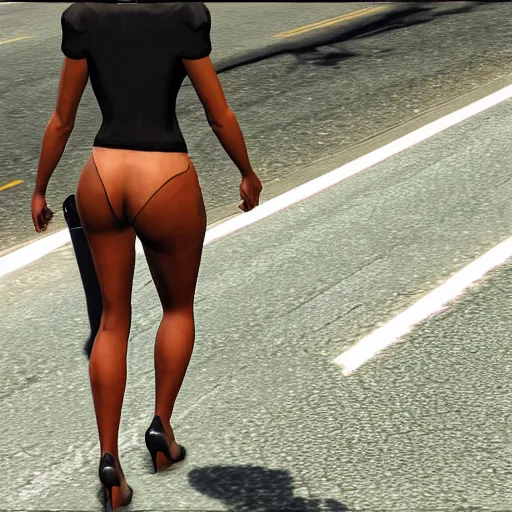 Prompt: Rear view of Beyonce walking down the street in GTA 5.