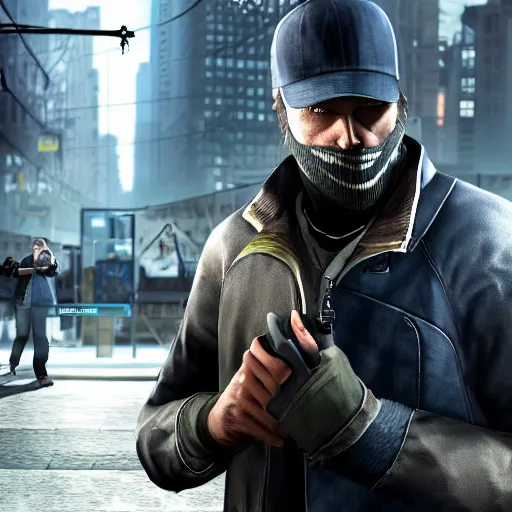 Prompt: Aiden Pearce 2012 face Watch Dogs game