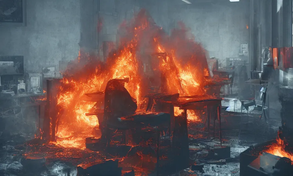 Prompt: a man work in hot hell office with burning desks and chairs, local close up, featured in artstation, octane render, intricate, ultra detailed, fantasy, concept art, sharp focus, illustration, 8 k