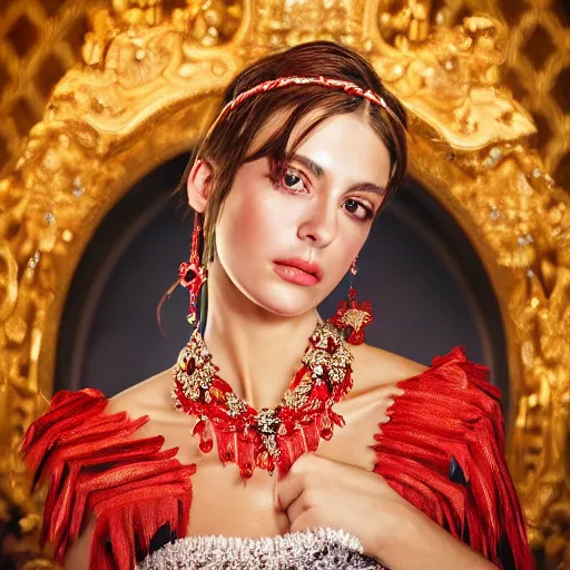 Image similar to photograph of wonderful spanish princess with smooth fair skin, alluring eyes, red jewelry, breathtaking, elegant, ornate, intricate, hyper detailed, accent lighting, dramatic light, 4 k octane render