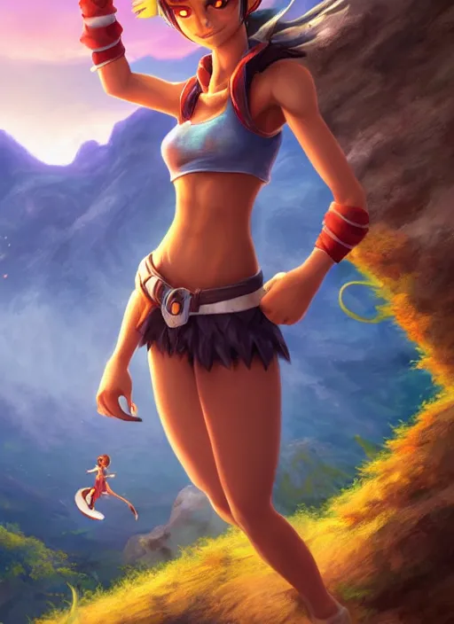 Prompt: youthful taliyah, from league of legends, au naturel, with abs, rock surfer, hyper detailed, mountain background, digital art, trending in artstation, cinematic lighting, studio quality, smooth render, unreal engine 5 rendered, octane rendered, art style by klimt and nixeu and ian sprigger and wlop and krenz cushart