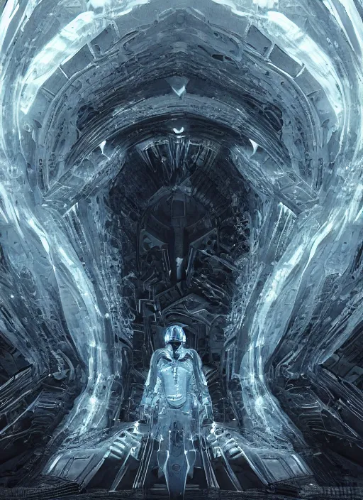 Image similar to symmetry concept art by craig mullins alien in futuristic dark and empty spaceship. infrared glowing lights. complex and hyperdetailed technical suit. mandelbulb fractal. reflection and dispersion materials. rays and dispersion of light. volumetric light. 5 0 mm, f / 3 2. noise film photo. flash photography. unreal engine 4, octane render. interstellar movie art