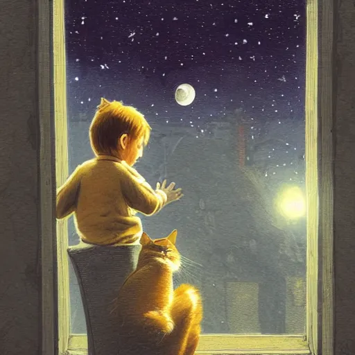 Image similar to A boy with his cat sitting in a window praying at the moon, concept art by Marc Simonetti and illustration by Maurice Sendak, Starry Night, depth of field, full moon halo, epic brushwork, painterly, cobbled streets, oil lamp posts, A boy with his cat sitting in a window praying at the moon, A boy with his cat sitting in a window praying at the moon