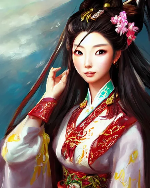 Prompt: beautiful portrait of diao chan , tzuyu from twice in romance of three kingdoms in the paintetly style of WLOP, artgerm, brush stroke oil painting, dynamic lighting, imagine fx, artstation