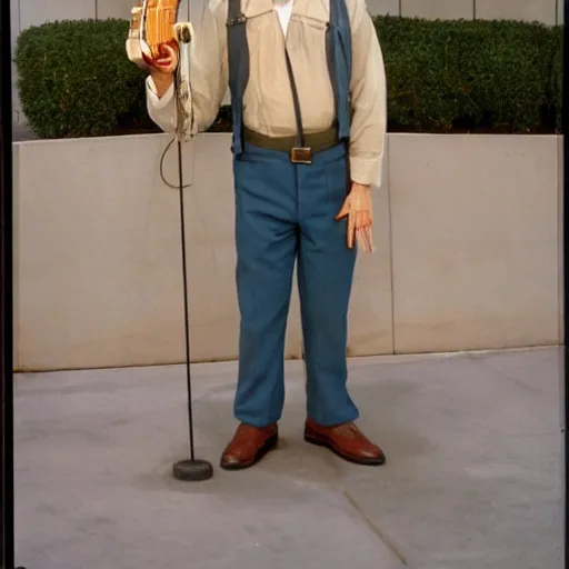 Prompt: George Segal as Jack Gallo from the NBC sitcom just shoot me 1997 is standing outside 30 Rockefeller Plaza holding a Banjo.