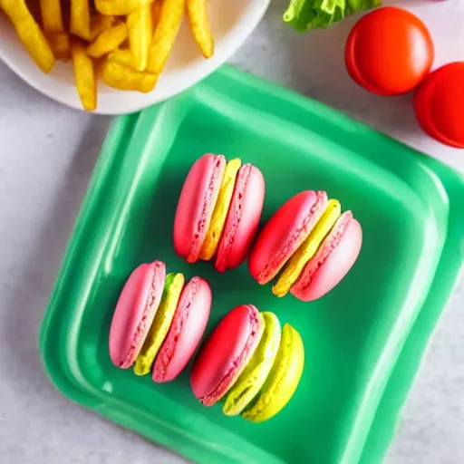 Image similar to a plate of macarons with lettuce, tomato and pickle inside, next to candy gummy plasticine french fries