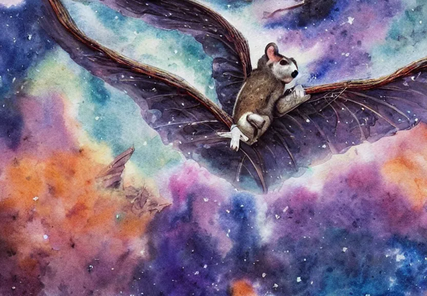 Image similar to legendary colorful winged possum flying over a medieval castle under a dark starred sky, dark fantasy, watercolor, dreaming illusion, highly detailed, 4k, trending on Artstation, award-winning