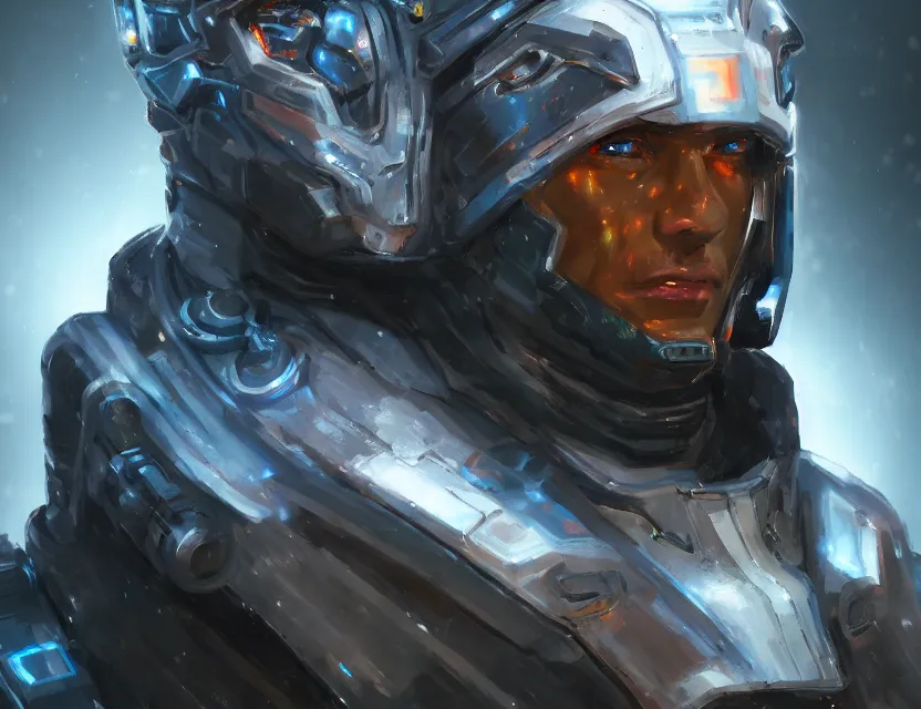 Prompt: portrait of handsome guy in cyber armor, many lightning, cold color, highly detailed, digital painting, artstation, concept art, cyberpunk wearing, smooth, sharp focus, led, artstation character reference sheet.