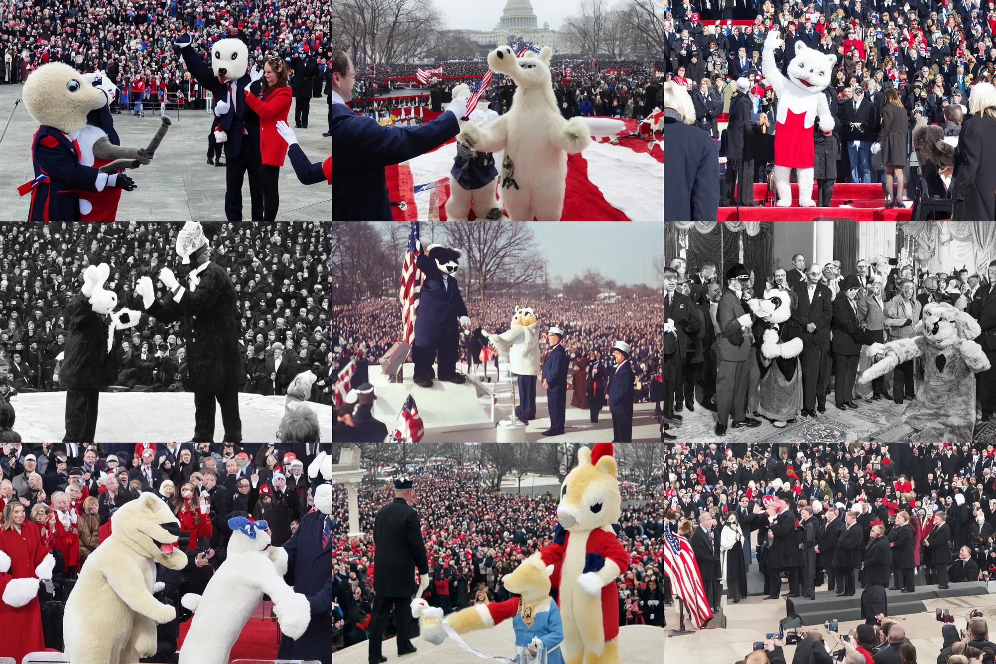 Prompt: photo of the usa presidential inauguration, a fursuiter being inaugurated as president