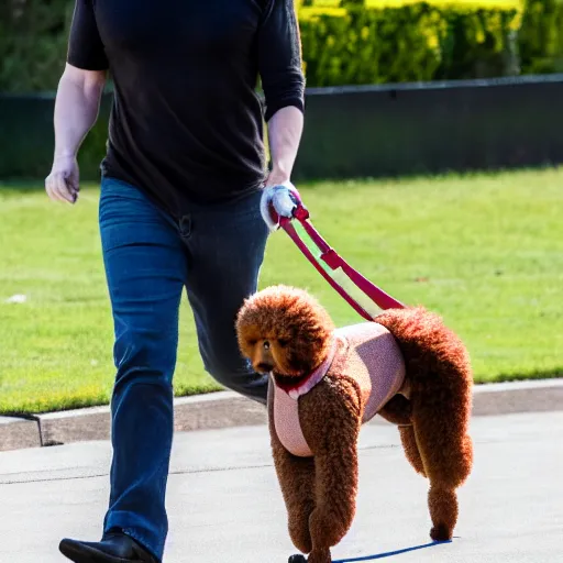 Prompt: a closeup photo of elon musk walking his big mutant poodle, f 2. 8, 1 0 0 mm lens