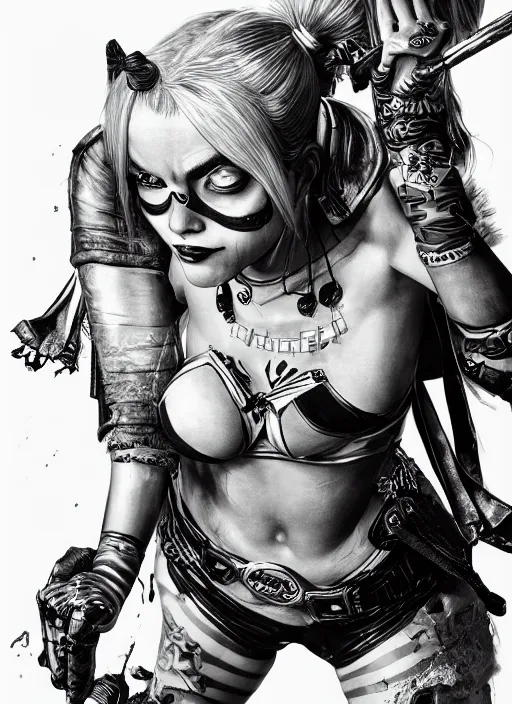 Image similar to highly detailed ink illustration of harley quinn, unreal engine, octane render, b & w clean shaped illustration by kim jung gi, ron english and eiichiro oda