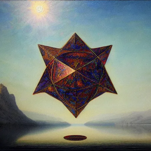 Prompt: a highly detailed oil painting of an icosahedron floating above a reflective lake, Agostino Arrivabene