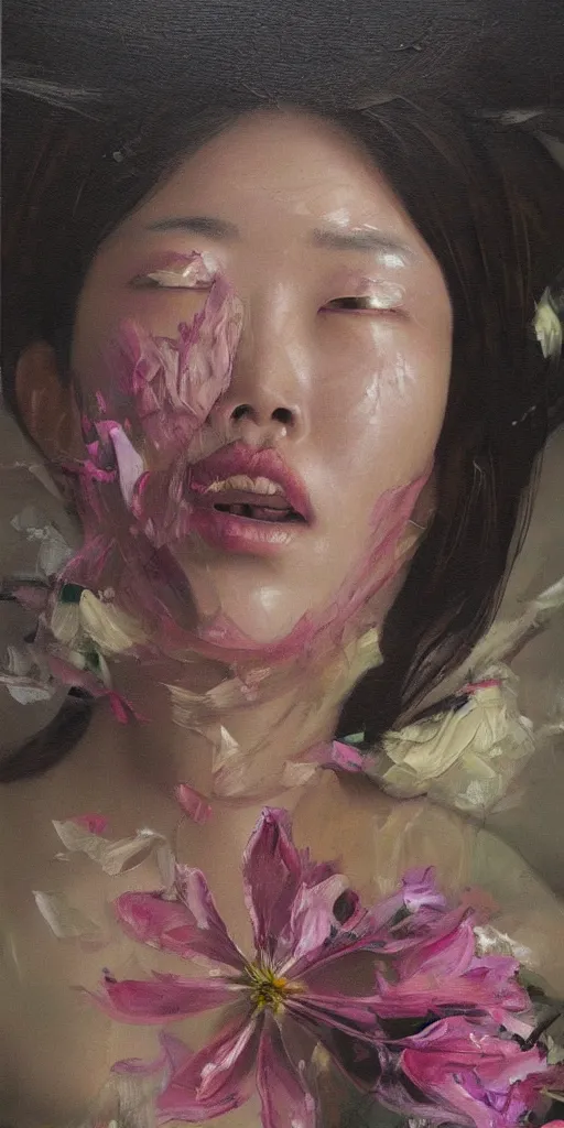 Image similar to beautiful highly detailed and expressive oil painting of a korean woman's face dissolving into petals, masterpiece, dynamic lighting,