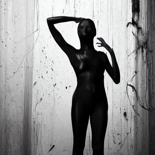 Image similar to beautiful female body silhouette, beautiful acrylic fluid portrait, photography by amy leibowitz and filip fedorov, black latex female balaclava, female calendar, ballerina body painted with black fluid, urban city photography, close up portrait, cinematic still, film still, magic hour, dark mood, fashion portrait, cold colors, long exposure, bokeh