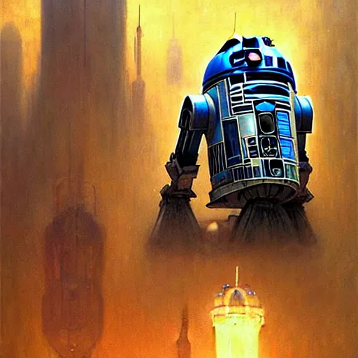 Image similar to portrait r 2 d 2. spaceship futuristic city. shadowrun cyberpunk fantasy d & d painting by gaston bussiere craig mullins jc leyendecker gustav klimt artgerm greg rutkowski john berkey, bergey, craig mullins, ruan jia, raymond swanland, tom lovell