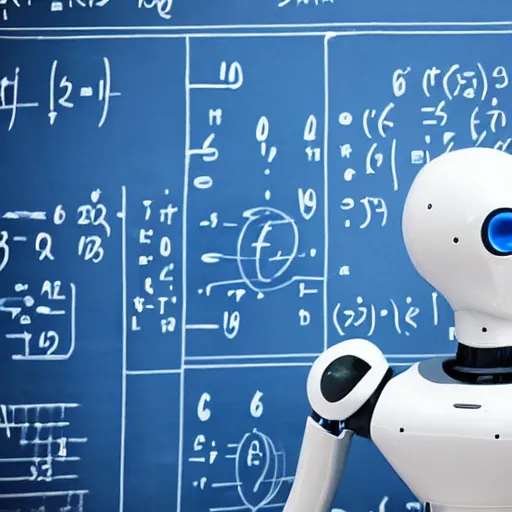 Prompt: A robot solving partial differential equations on a blue board