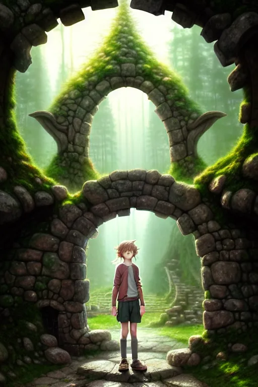 Image similar to a highly detailed matte painting of a teenager with shaggy hair and hip clothes standing in front of a stone gate in the elven forest ruins, by studio ghibli, by artgerm, by wlop, by greg rutkowski, red tones, volumetric lighting, octane render, 4 k resolution, trending on artstation, masterpiece