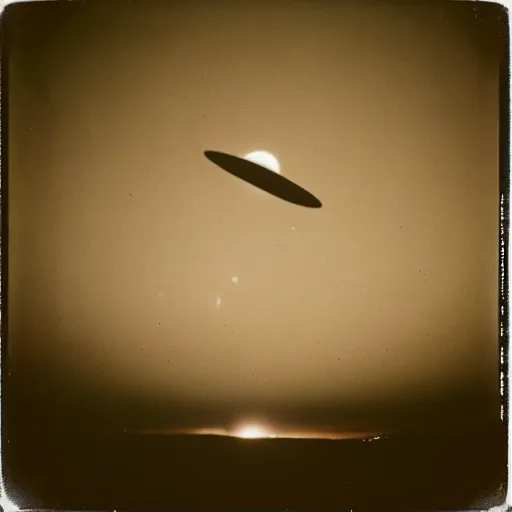 Prompt: a flying saucer over a the desert at night, distant!!, historical photo, old polaroid, expired film,