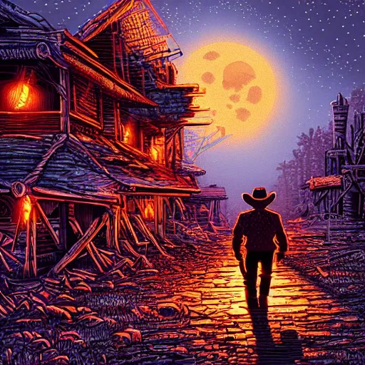 Prompt: cowboy walking into ruined town, nightime, highly detailed, artwork by dan mumford, blood red moon