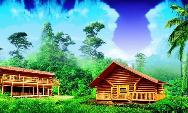 Image similar to Log Cabin in a vaporwave jungle, 4k Photograph