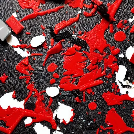 Prompt: photo of a lego set splattered with blood, shiny dark red blood splatter, dismembered lego minifigures