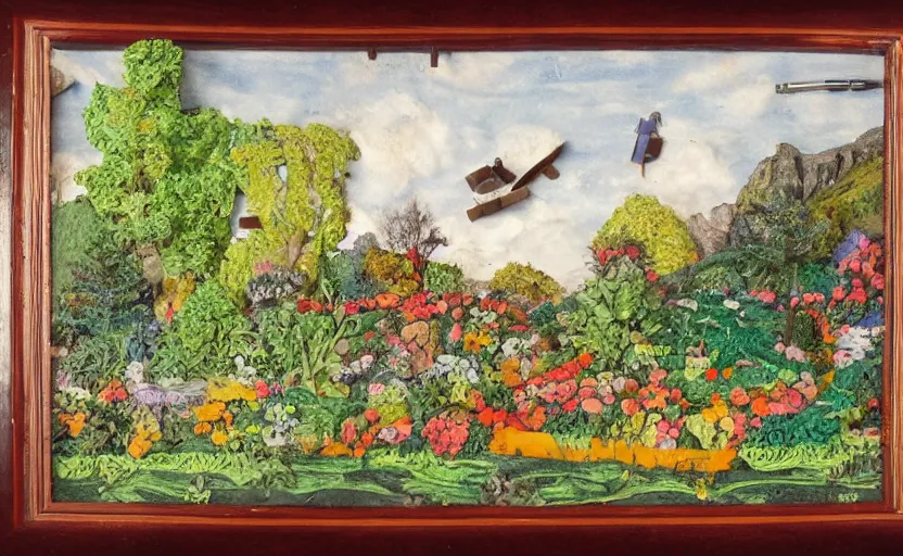 Image similar to a landscape painting,, claymation, henri berthaut, ( ( colored pen ) ), art - deco, miner kilbourne kellogg, gardens, ( collage )