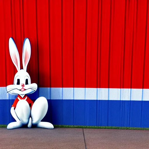 Image similar to photo of bugs bunny sitting infront of a red wall with blue stripes ultra realistic, hyper realistic, highly detailed, sharp focus, digital art