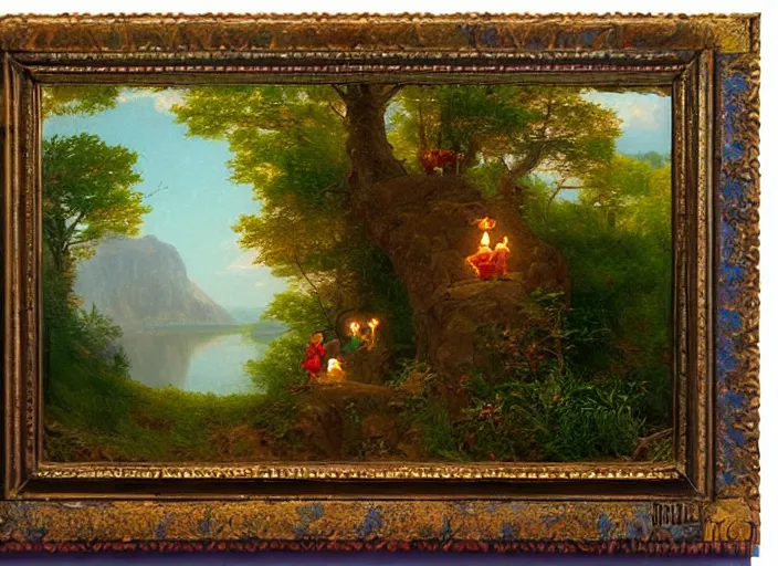 Prompt: american realist romanticism landscape painting of winnie the pooh characters at night, colorful paper lanterns, in the style of hudson river school and thomas cole and albert bierstadt and robert duncanson