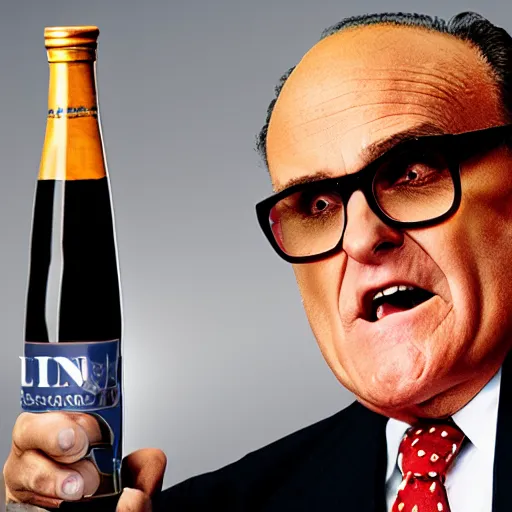 Image similar to news still of a drunk rudy giuliani holding a bottle, 4 k, professional