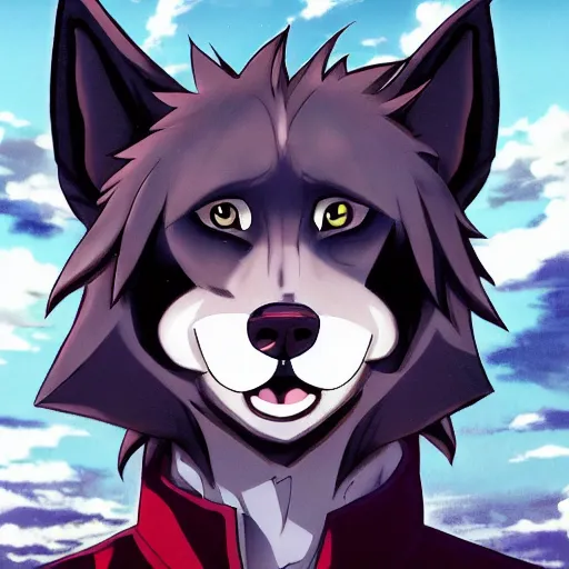 Image similar to key anime visual portrait of an anthropomorphic anthro wolf fursona, in a jacket, with handsome eyes, official modern anime art