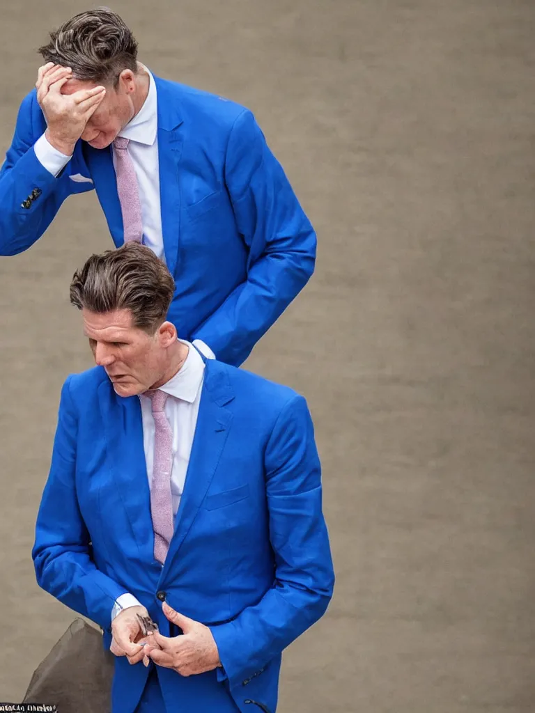 Image similar to Sir Kier Starmer wearing a blue suit and crying as his balloon has burst detailed colour photograph