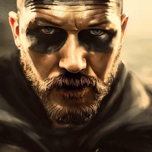 Image similar to closeup portrait of tom hardy as batman, city background, dramatic light, gorgeous view, depth, high detail, digital art, painted by greg rutkowski, trending on artstation