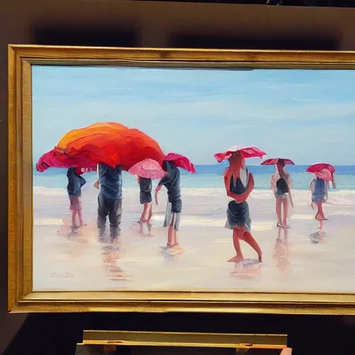 Prompt: a painting of people on a beach with umbrellas, a detailed painting by Emily Mason, featured on tumblr, action painting, detailed painting, oil on canvas, painterly