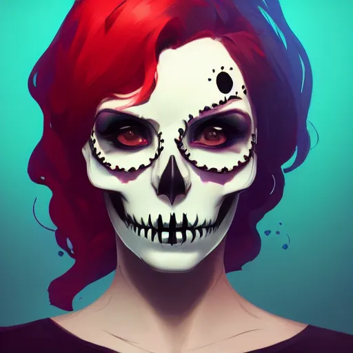 Prompt: a portrait of a girl skull face, latex, in the style of artgerm, charlie bowater, atey ghailan and mike mignola, vibrant colors and hard shadows and strong rim light, plain background, comic cover art, trending on artstation